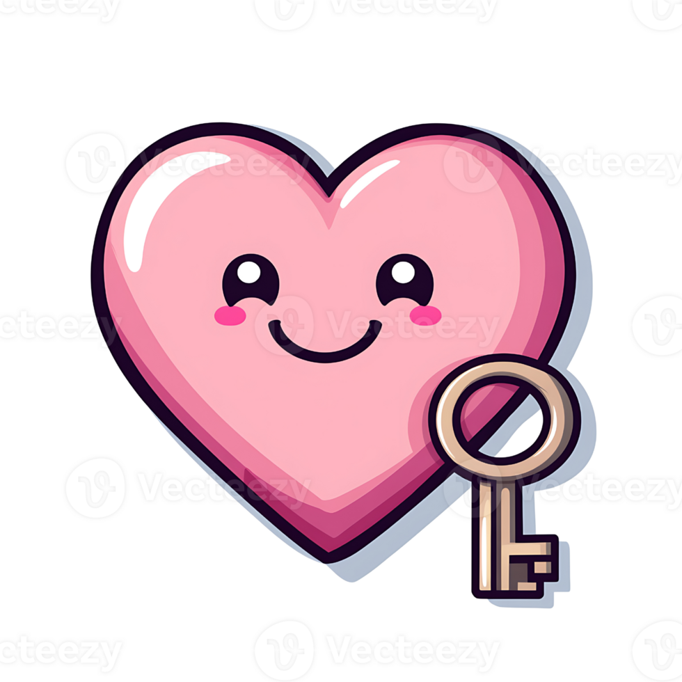 Cute pink heart with smiling face and key png