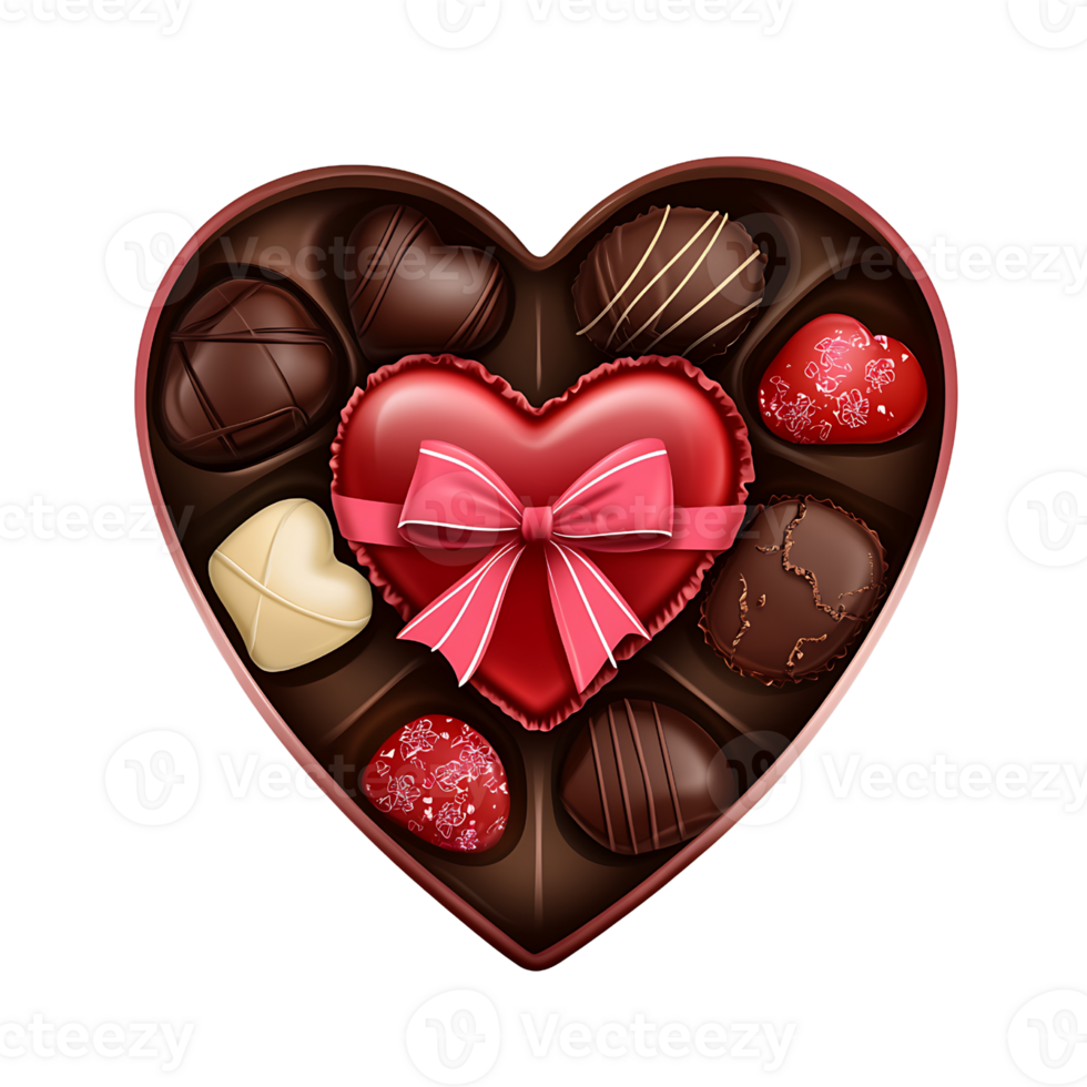 Delicious heart shaped chocolate box with assorted treats and ribbon png