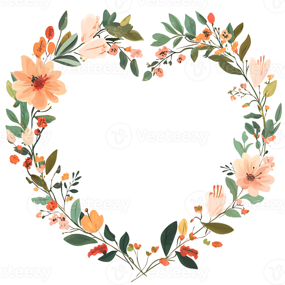 Floral heart frame with colorful flowers and leaves, perfect for decoration png