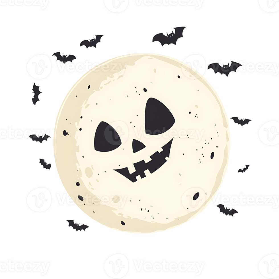 Smiling Halloween moon with bats, perfect for spooky decorations png
