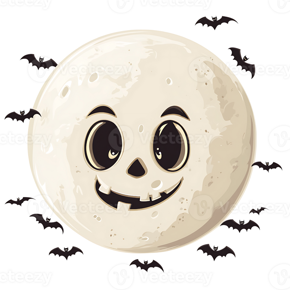 Cute Halloween moon with bats, smiling face, and spooky vibe png