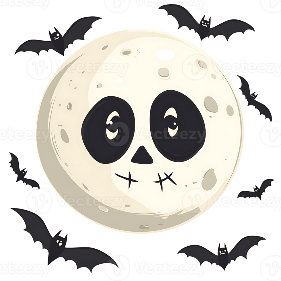Cute moon with skull face surrounded by bats, perfect for Halloween png