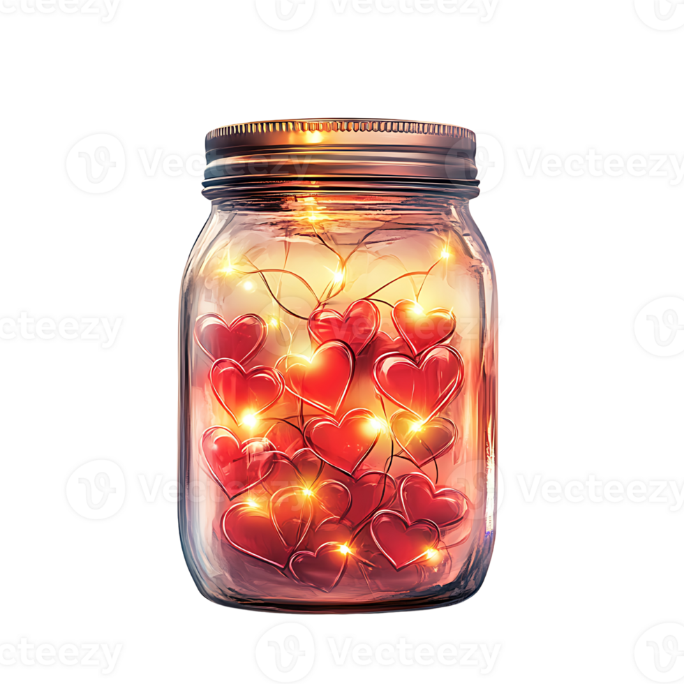 Glass jar filled with glowing hearts, creating warm, romantic ambiance png