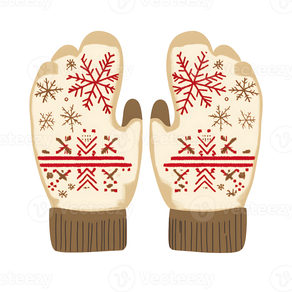 Warm winter mittens with snowflake patterns and festive designs png