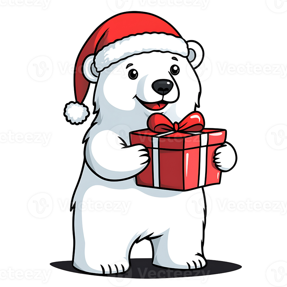 Cute polar bear in Santa hat holding Christmas gift with joy png