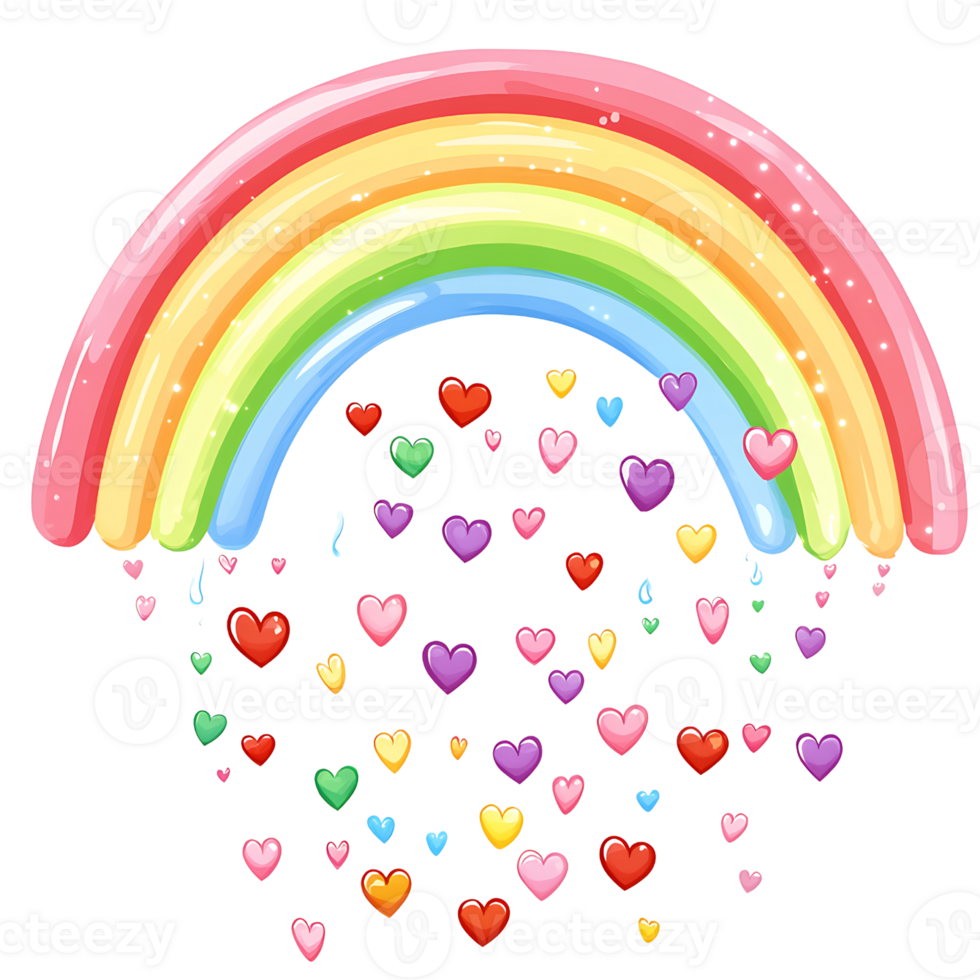 colorful rainbow with hearts falling below, creating joyful scene png