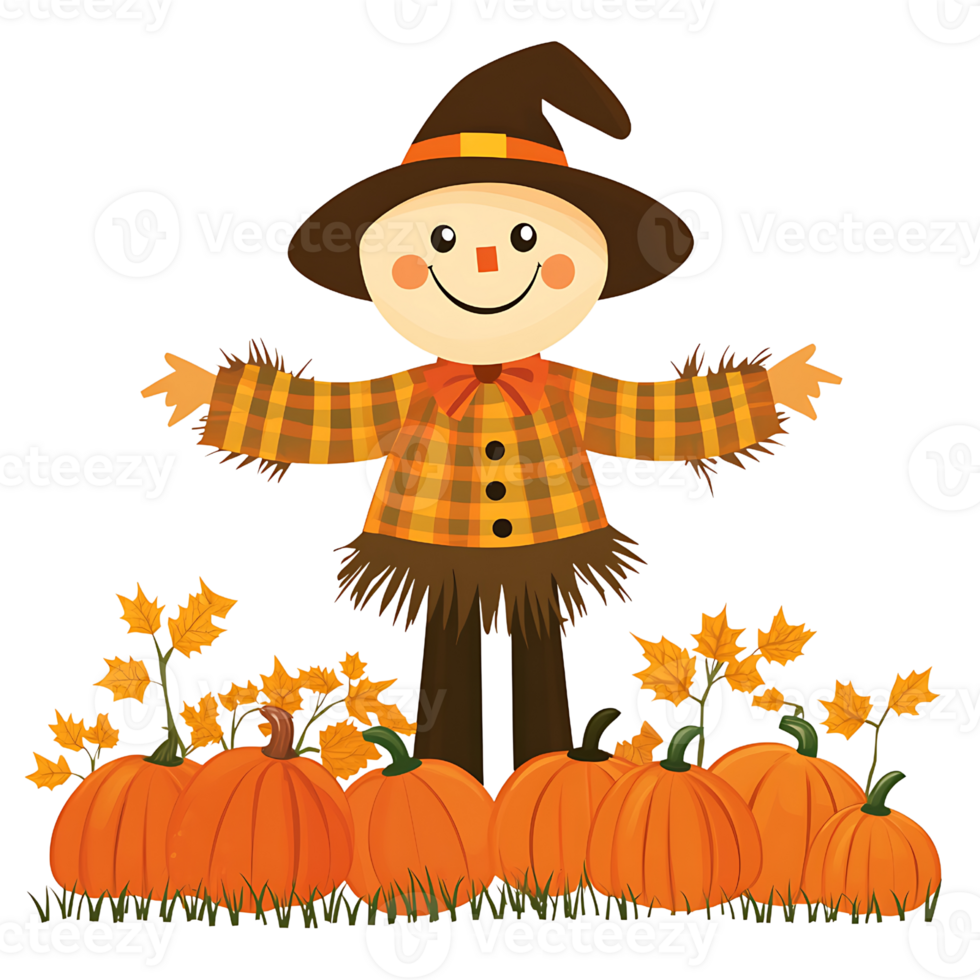 cheerful scarecrow stands among pumpkins and autumn leaves png