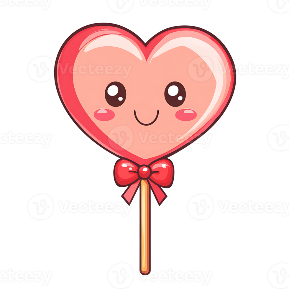 Cute heart shaped lollipop with smiling face and bow png