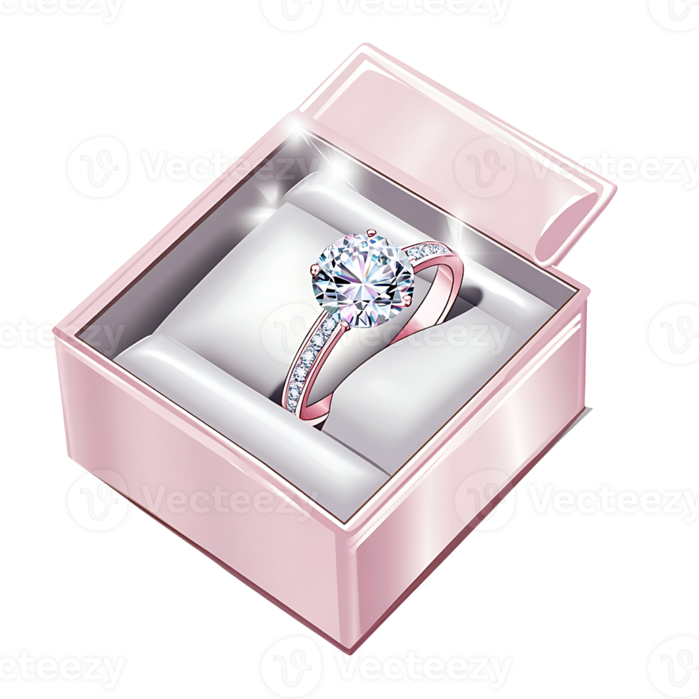 Elegant diamond ring in pink box with soft cushions png