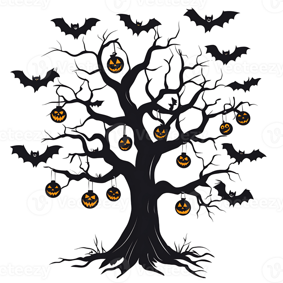 Haunting Halloween tree with bats and spooky pumpkins hanging png