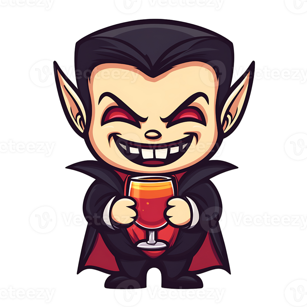 Cute vampire character holding drink, smiling mischievously png