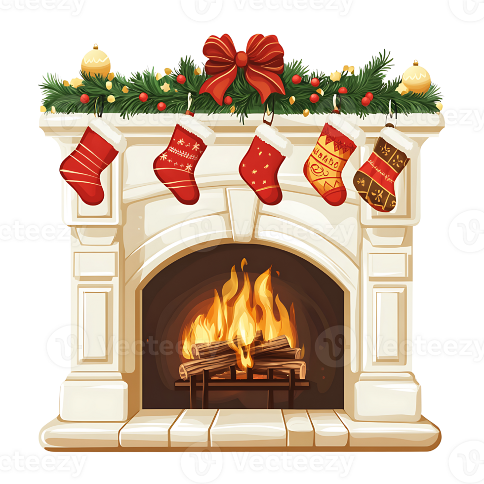 Cozy fireplace decorated for Christmas with stockings and festive garland png