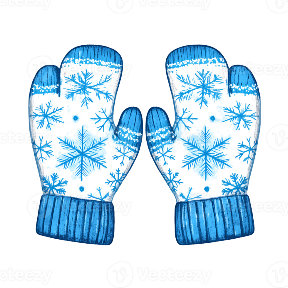 Warm blue mittens with snowflake patterns, perfect for winter activities png