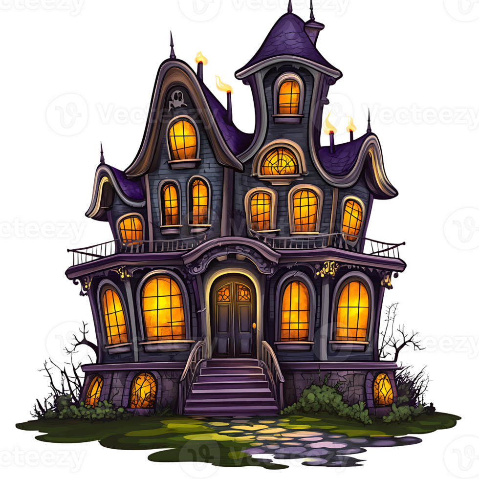 spooky, whimsical haunted house with glowing windows and intricate details png