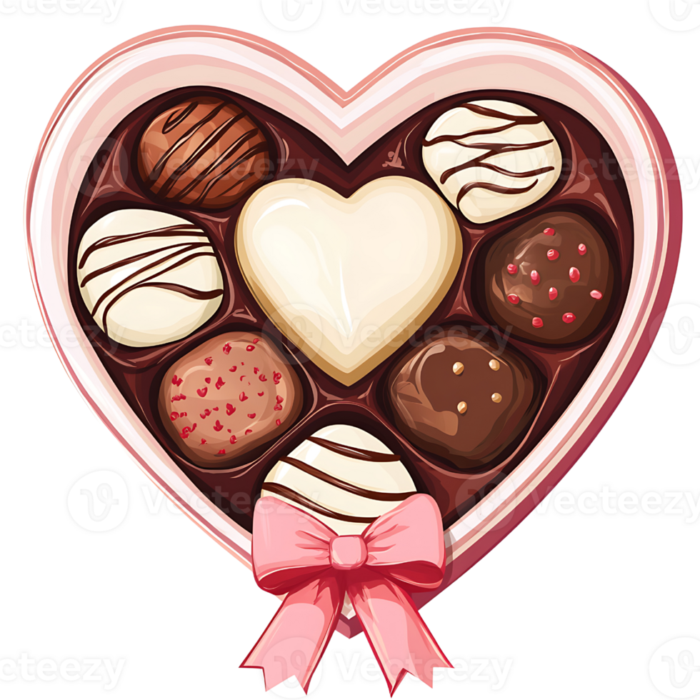 Delicious heart shaped chocolate box with assorted treats and bow png