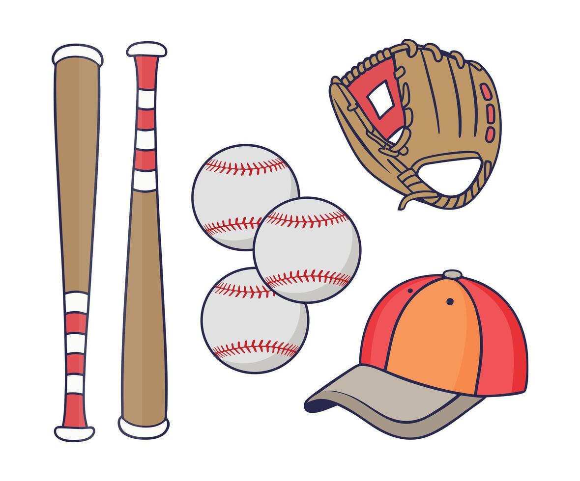 Baseball Instrument Clip Art Bundle Set, Professional Baseball Cap Glove, Bat and Ball Sport Isolated Equipment And Element, Baseball Exercise Champion Abstract Baseball Glove Outline Icon Symbol Set vector