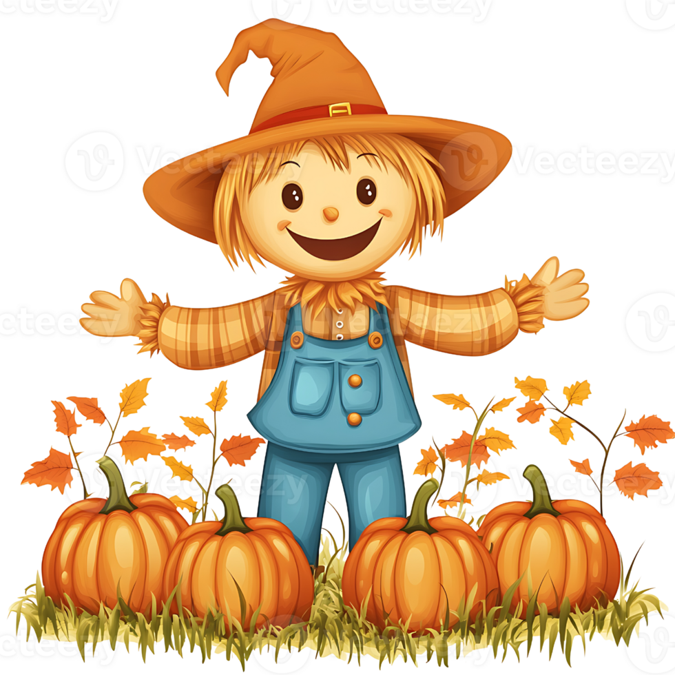 Happy scarecrow with pumpkins and autumn leaves in vibrant scene png