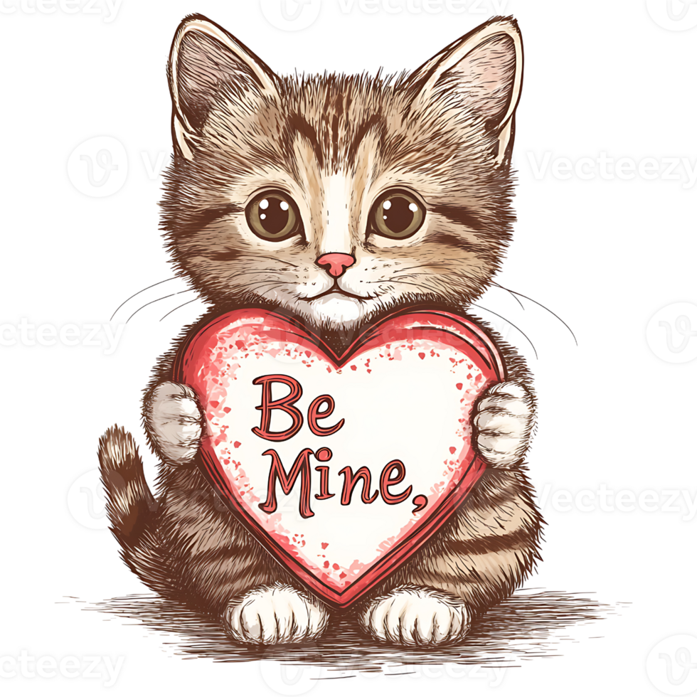 Adorable kitten holding heart with Be Mine text, perfect for Valentine Day png