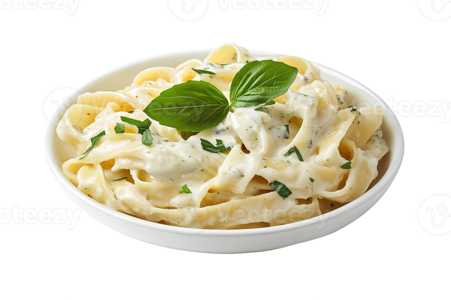 Pasta with cream sauce in a white bowl png