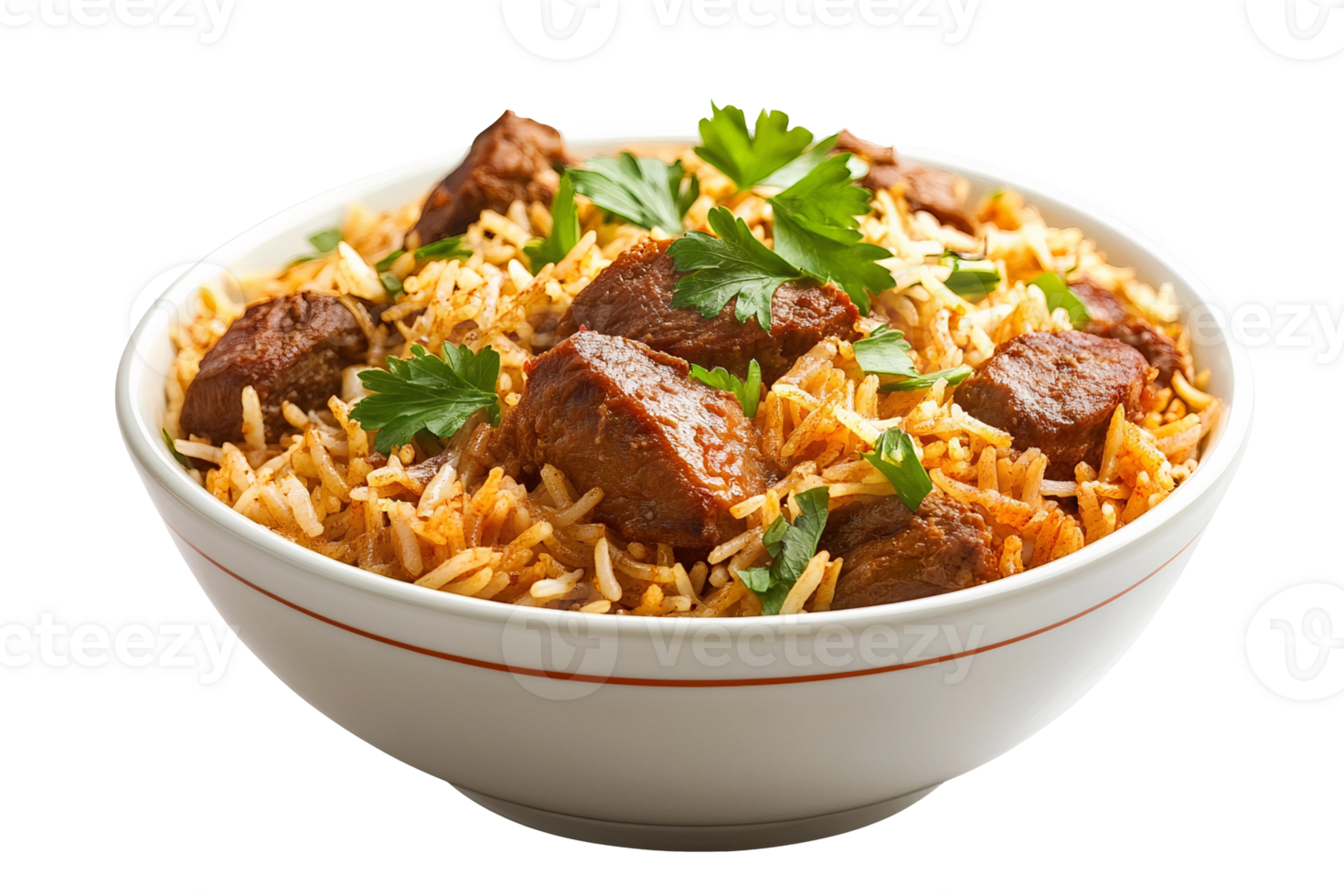 A bowl of rice with meat and parsley png