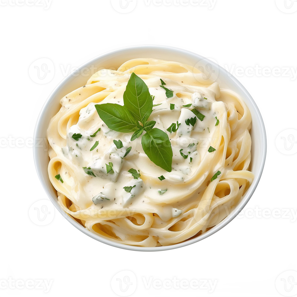 Pasta with cream sauce and basil leaves png