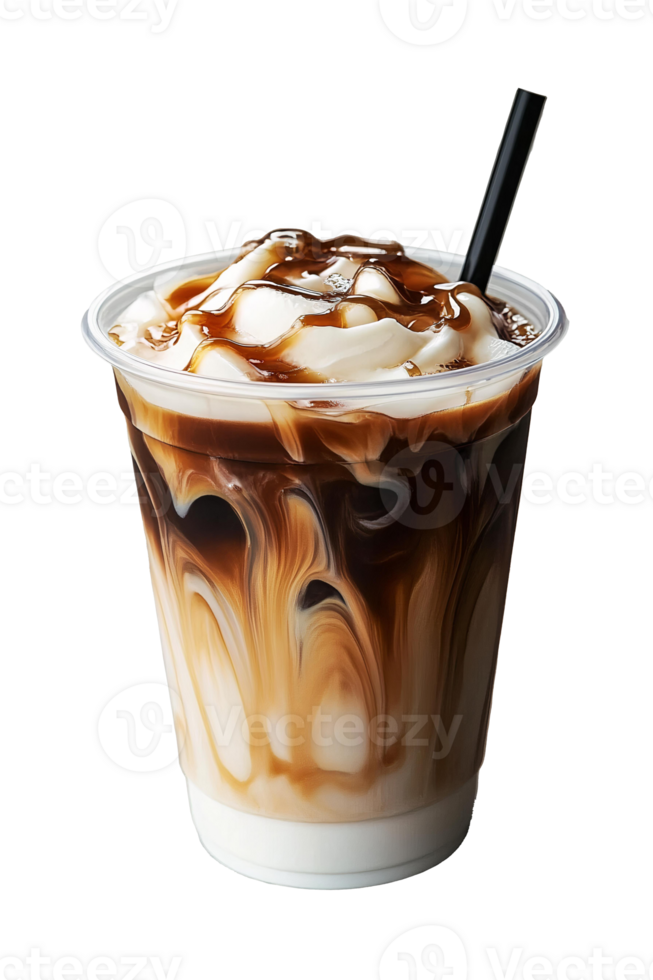 An iced coffee with caramel swirls and a straw png