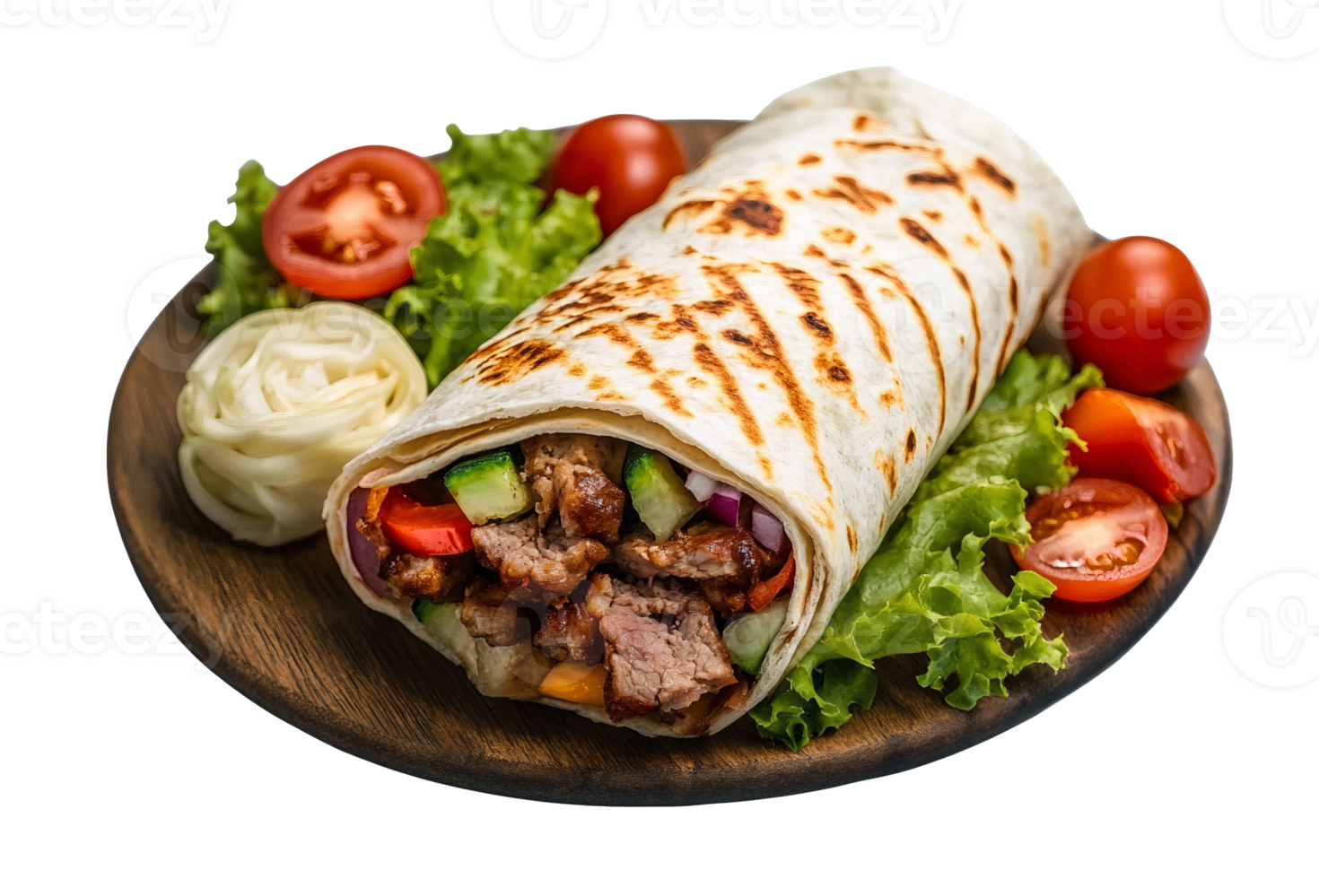 A wrap with meat and vegetables on a plate png