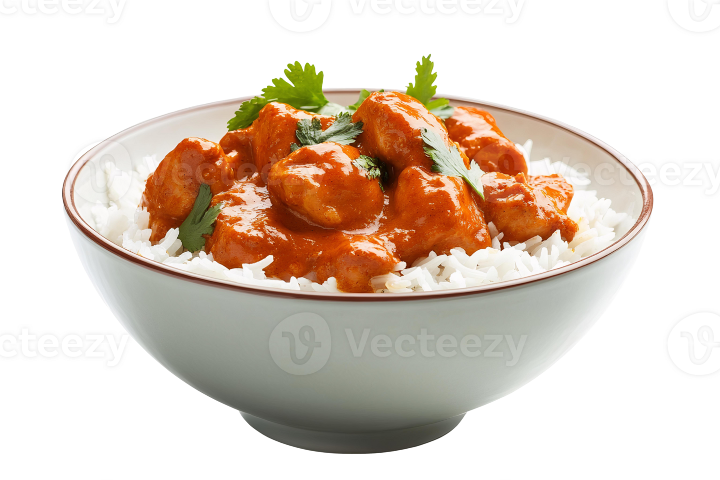 A bowl of rice with chicken curry and cilantro png