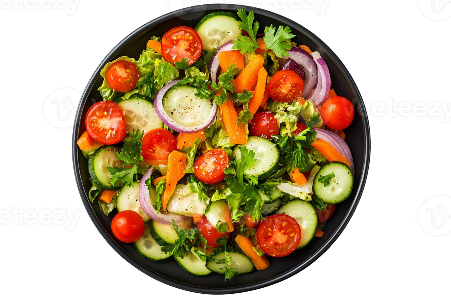 A bowl of vegetables and salad on a black background png