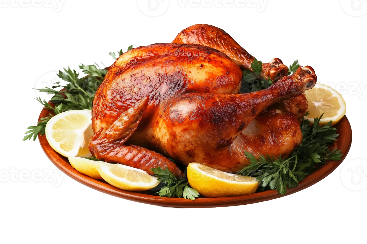 A roasted turkey with lemons and herbs on a plate png