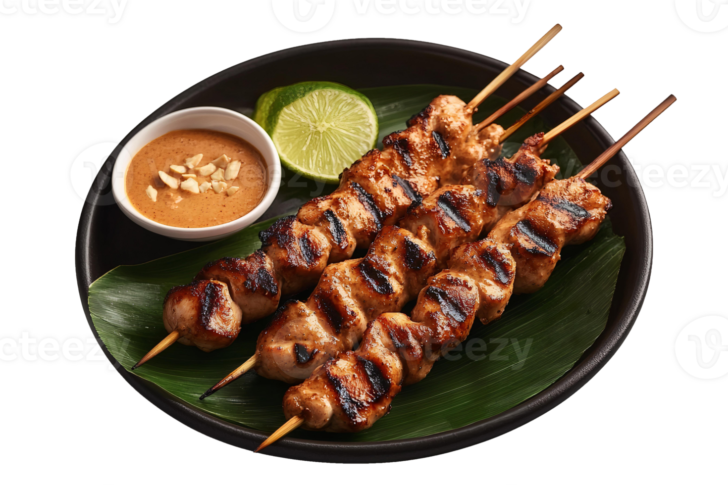 Chicken satay skewers with dipping sauce png