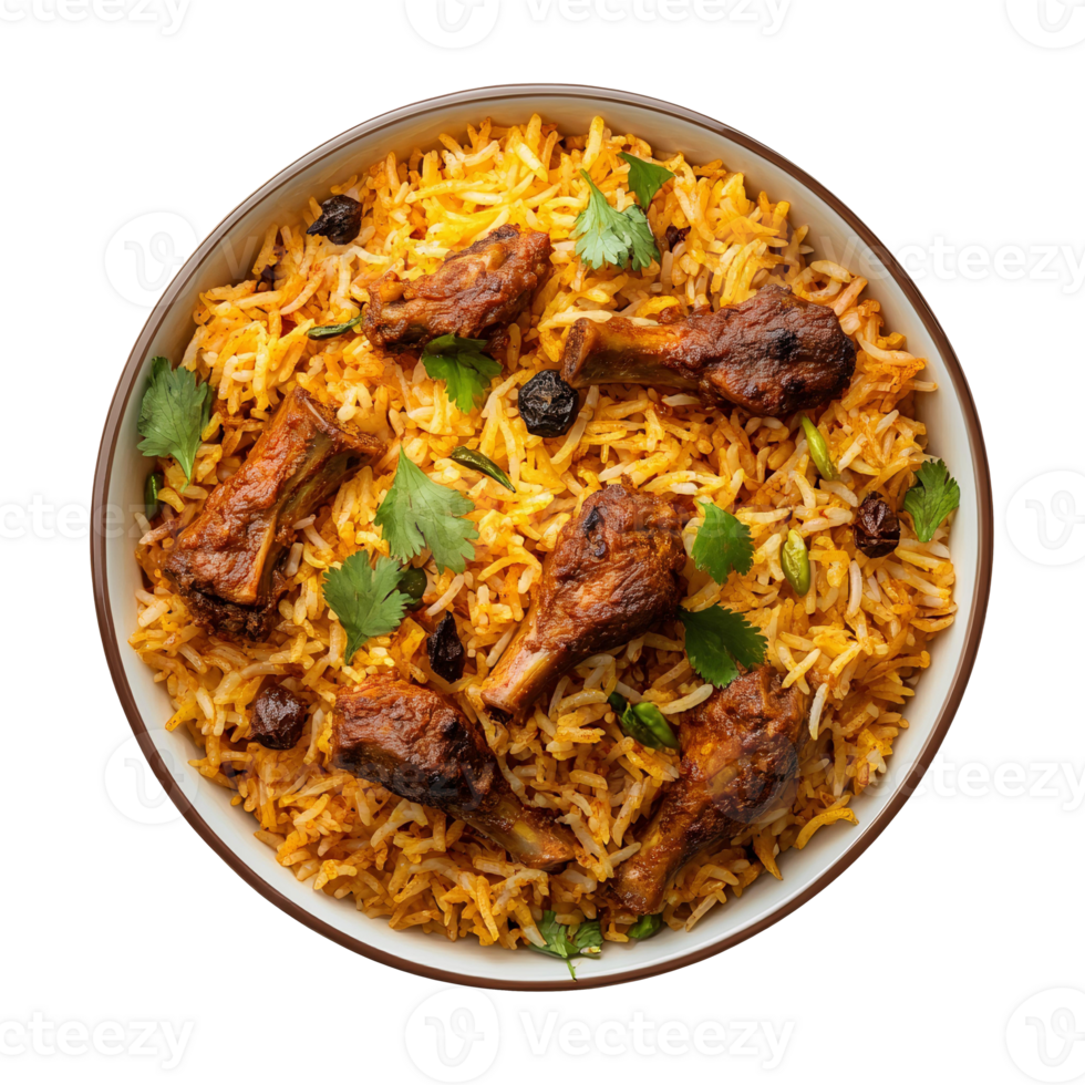 Indian biryani with meat and rice on a plate png