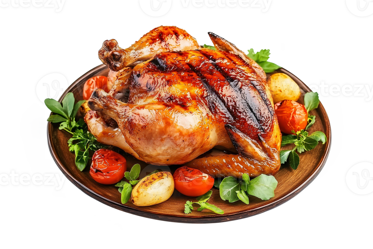 A roasted chicken on a plate with vegetables png