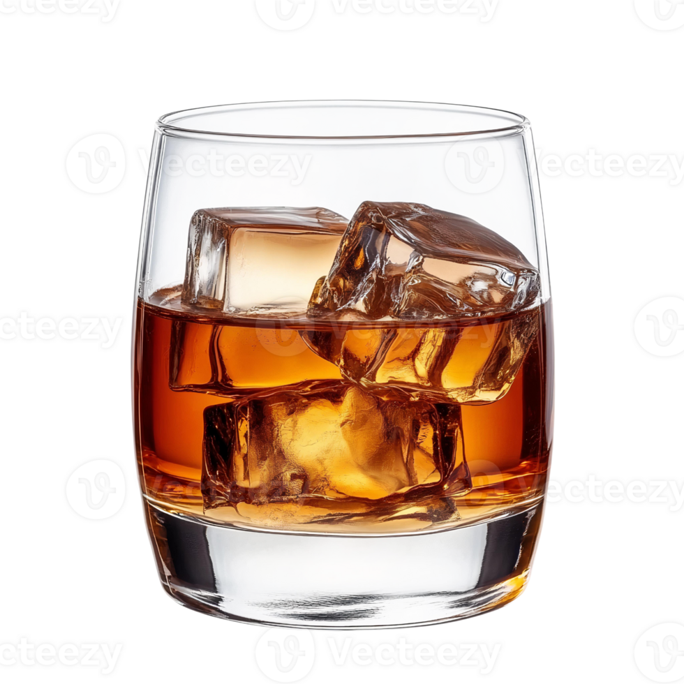 A glass of whiskey with ice cubes png