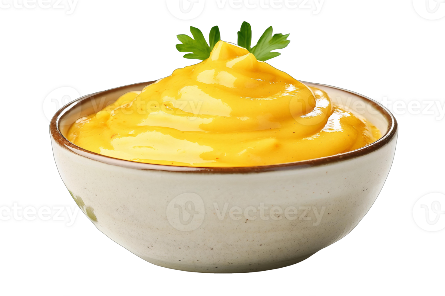 A bowl of yellow sauce with parsley on top png