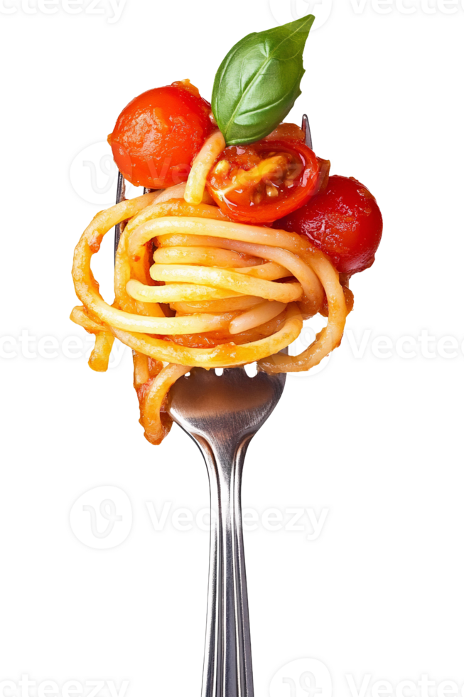 A fork with spaghetti and tomatoes on it png