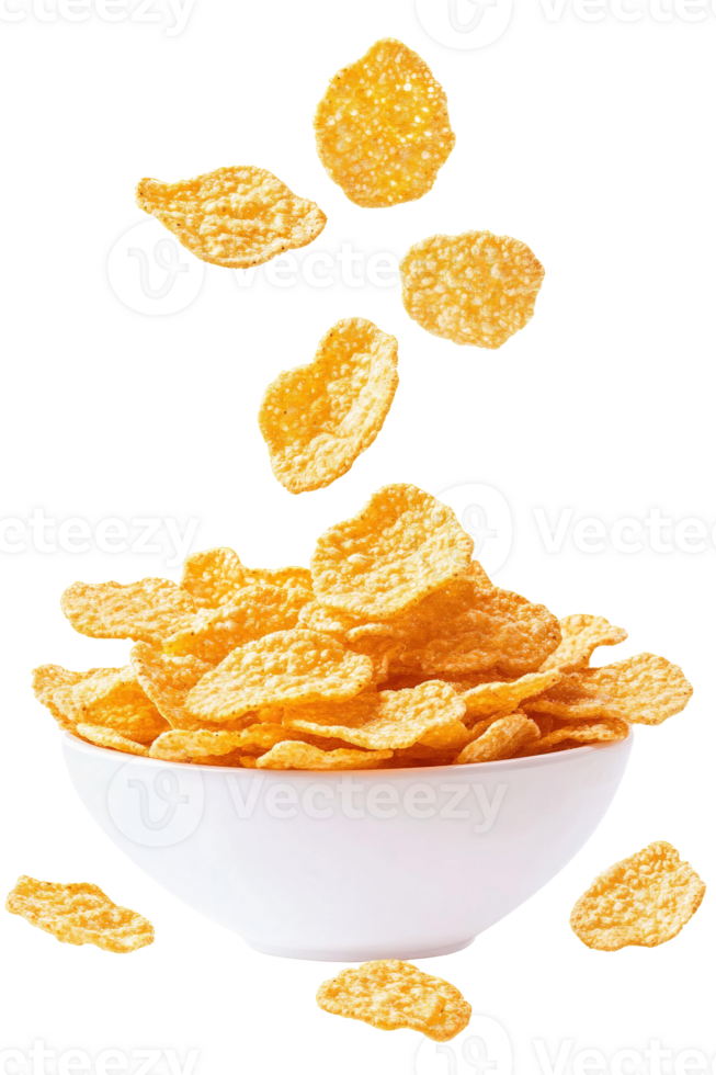 A bowl of corn flakes is shown in the air png