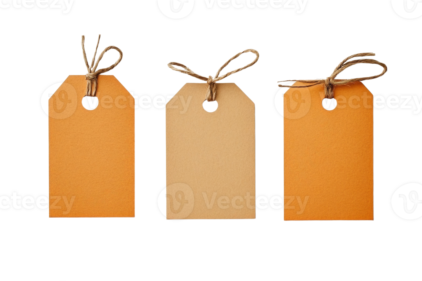 Three orange tags with string tied to them png