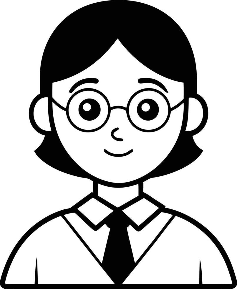 A black and white cartoon of a woman with glasses vector