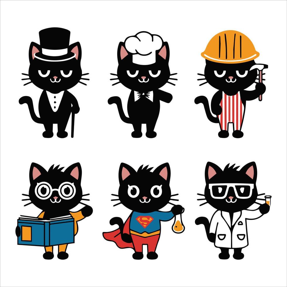 Cats in fun outfits adorable professional character set vector