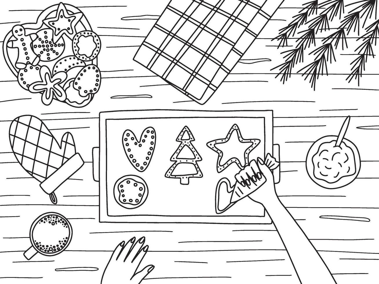 Woman hands decorating gingerbread cookies with sugar glaze sketch. Coloring page with making gingerbread cookies vector