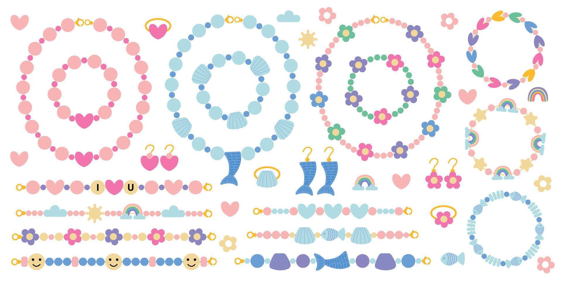 Set of funky bracelets illustration. Floral and mermaid necklace, bracelets and earrings with plastic beads flat set vector