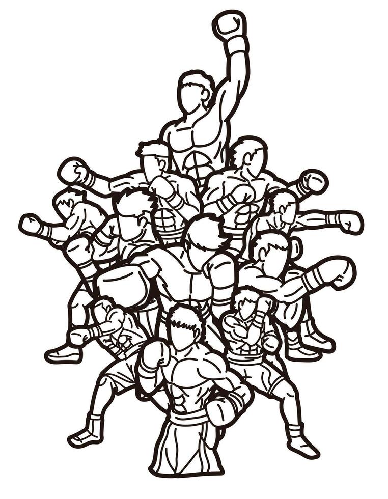 Group of Boxer Boxing Sport Male Fighting Outline Mix Action Cartoon Graphic vector