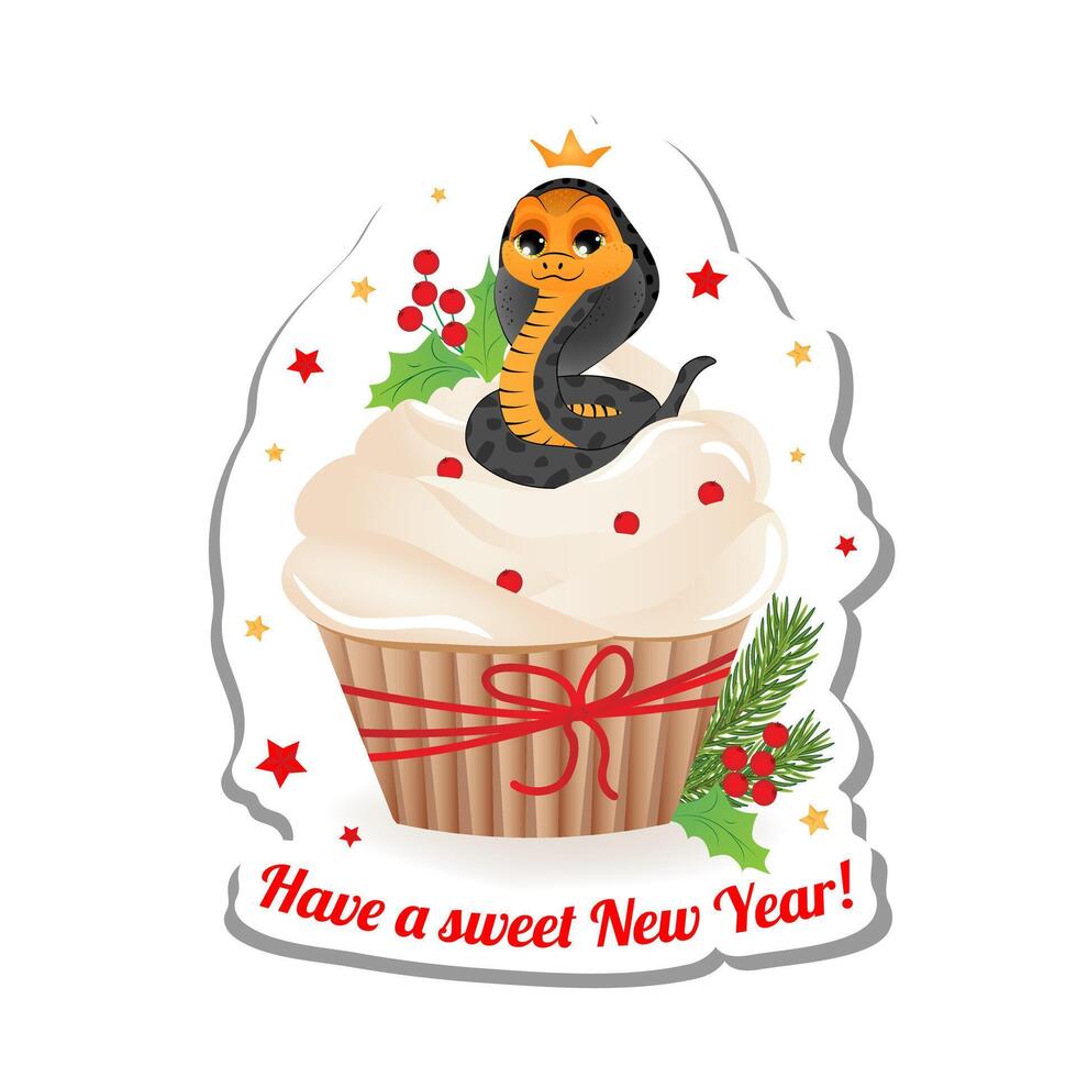 Sticker with New year delicious cupcake with whipped cream and symbol of 2025 year snake. Greeting card Have a sweet New Year. vector