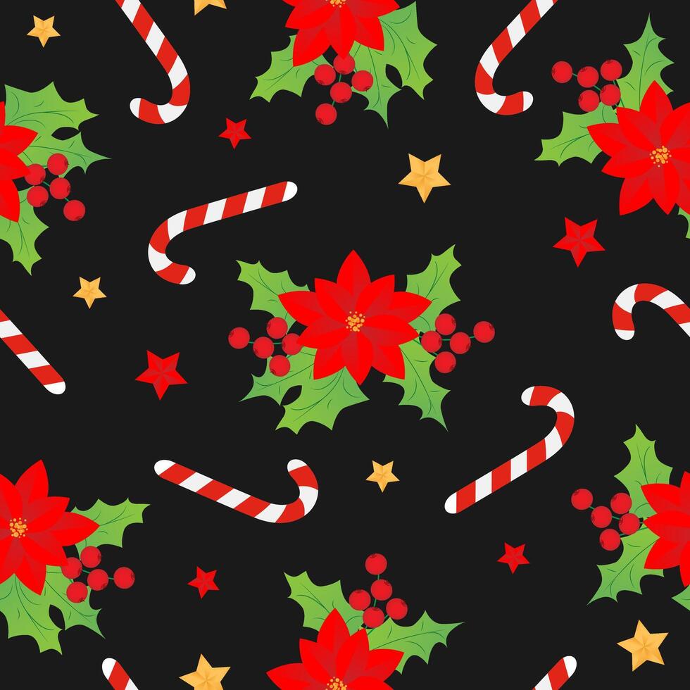 Seamless pattern with red christmas stars, caramel cane, Christmas star, holly on black background. Design for fashion, fabric, textile, packaging paper. vector