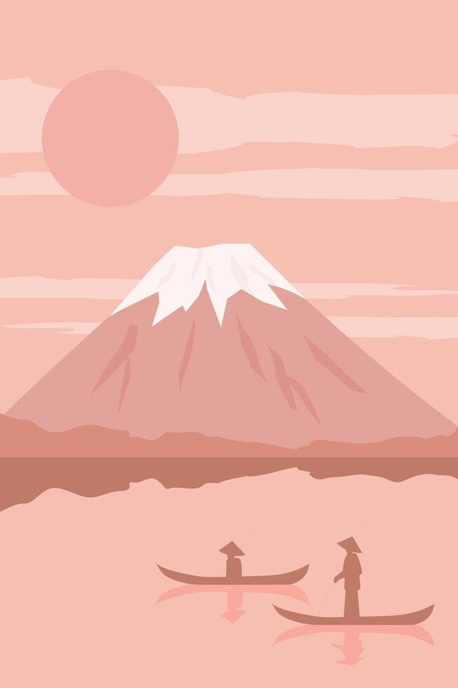 Abstract poster with a mountain on a background of water with boats in monochrome color. vector