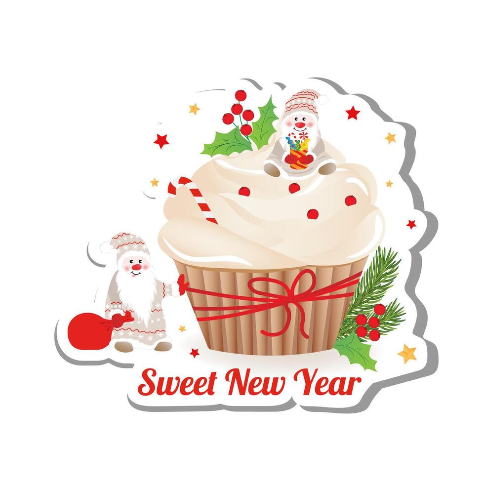 New year delicious cupcake with whipped cream and cute cnomes. Greeting sticker in cartoon style vector
