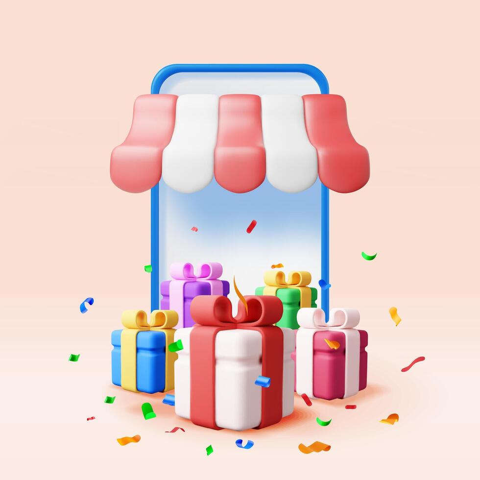 3D striped awning in smartphone and gift boxes. Render sunshade online store. Internet shop or market. Online or retail shopping symbol. Holiday or birthday presents vector