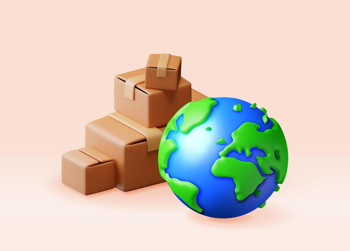 3D planet earth in cardboard box isolated. Render cardboard package with cover. Express worldwide delivery. Carton delivery packaging. Transportation and logistics vector