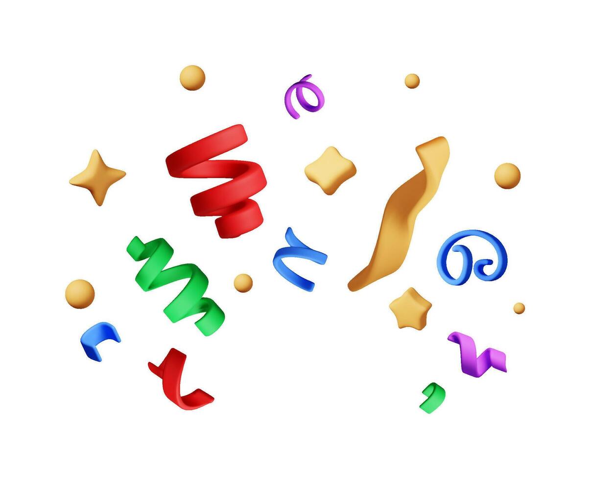 3D party ribbon confetti round isolated on white. Render color confetti collection. Colorful firecracker elements in various shapes. Party, holyday, surprise or birthday events vector